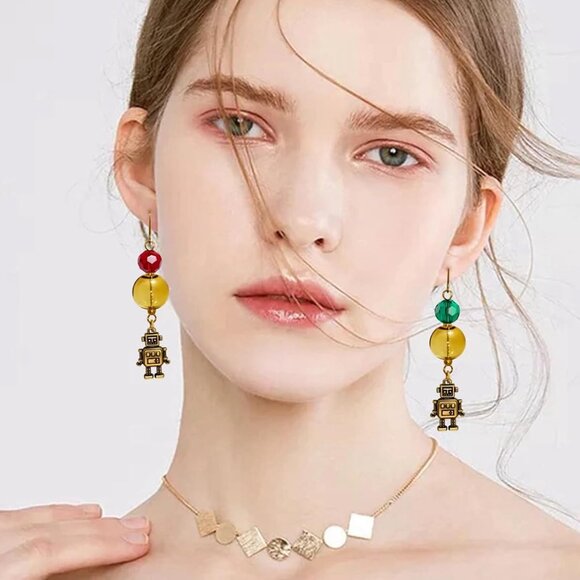 Steampunk Mismatched Glass Ball Dangle Earrings for Women, Brass & Copper, Uniqu - Picture 4 of 7